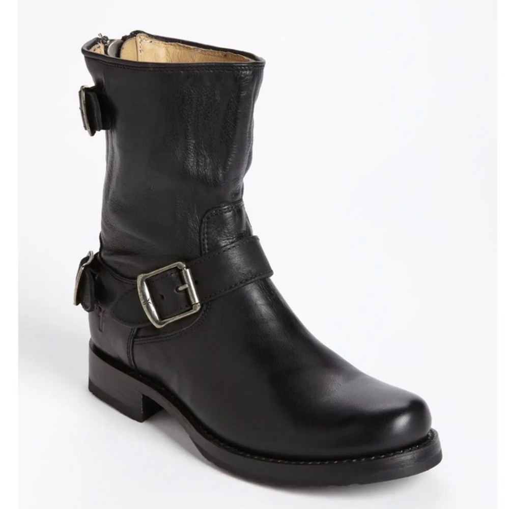 Frye Veronica Black Leather Short Zip Buckle Boot